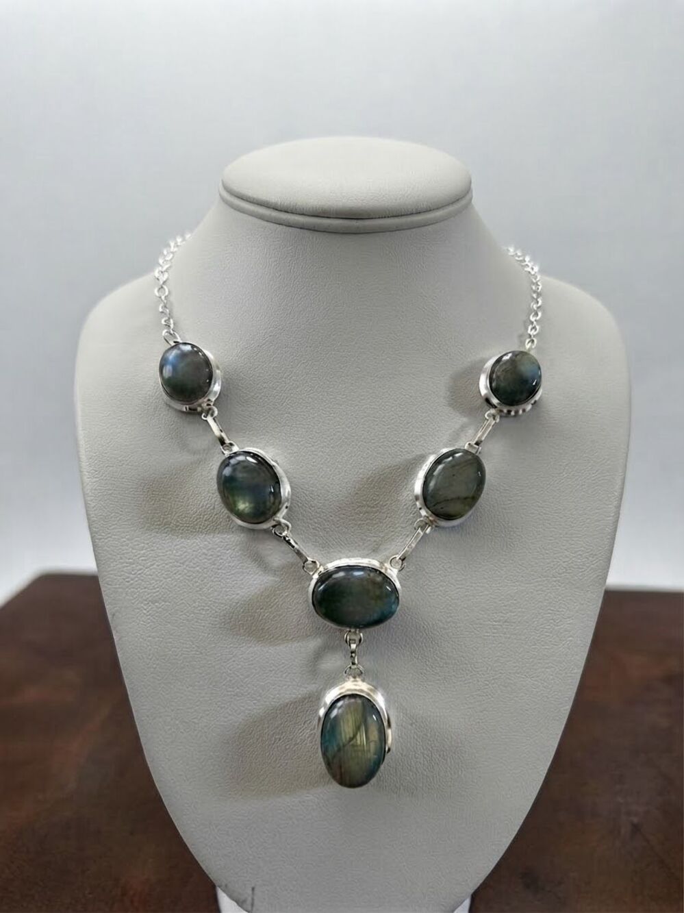 Labradorite Statement Silver Necklace Oval Gemstone Pendant Vintage Style